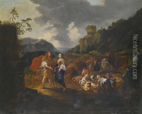 Self Portrait Of The Artist And His Wife In An Arcadian Landscape Oil Painting - Johann Heinrich Roos