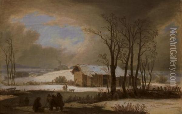 Paysage D'hiver Avec Deux Groupes De Personnages Et Une Grange Pres D'un Etang Oil Painting - Wolfgang-Adam Toepffer