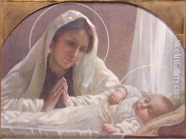Vierge Veillant L'enfant Endormi Oil Painting - Paul Hippolyte Flandrin