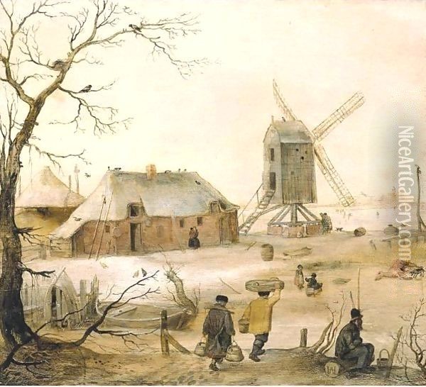 A Winter Landscape With Villagers On A Path By A Frozen River, A Windmill Beyond Oil Painting - Hendrick Avercamp