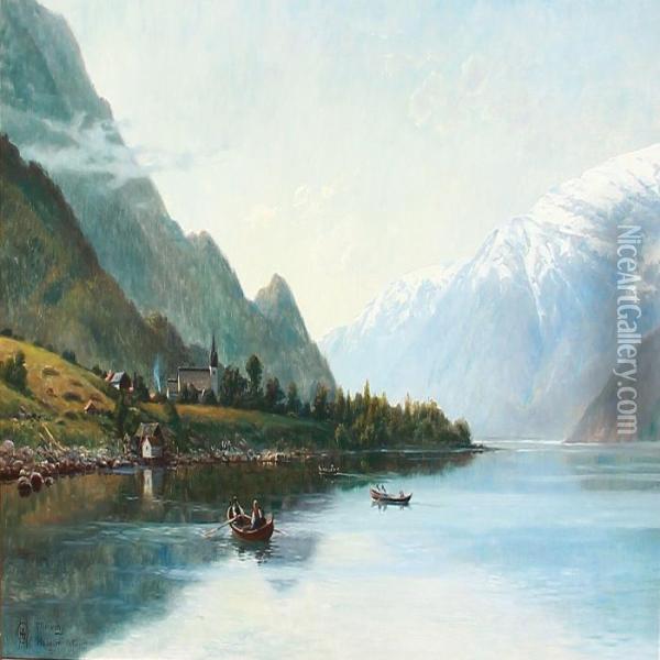 Rowing Boats On Hardanger Fiord In Norway With Snowy Mountains In The Background Oil Painting - Olaf August Hermansen