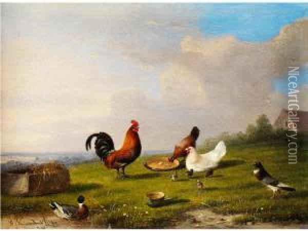 Huhnerfamilie Und Weiteresfedervieh Oil Painting - Franz van Severdonck