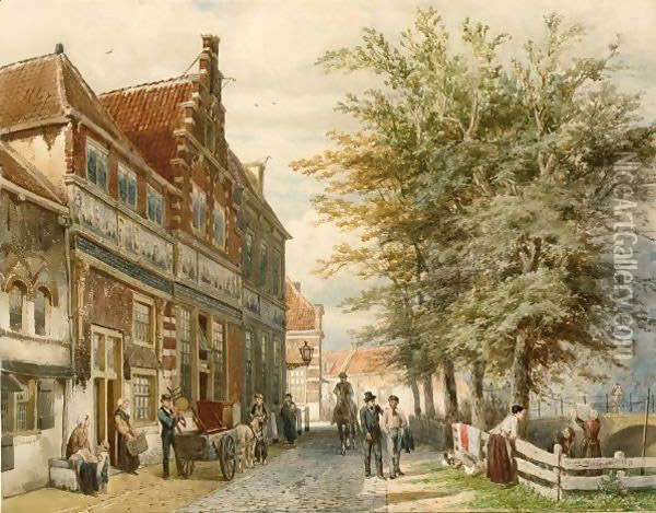 Huizen van Bossu te Hoorn a busy day at the Slapershaven Oil Painting - Cornelis Springer