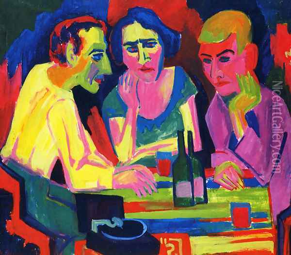 Three Figures at the Table Oil Painting - Hermann Scherer