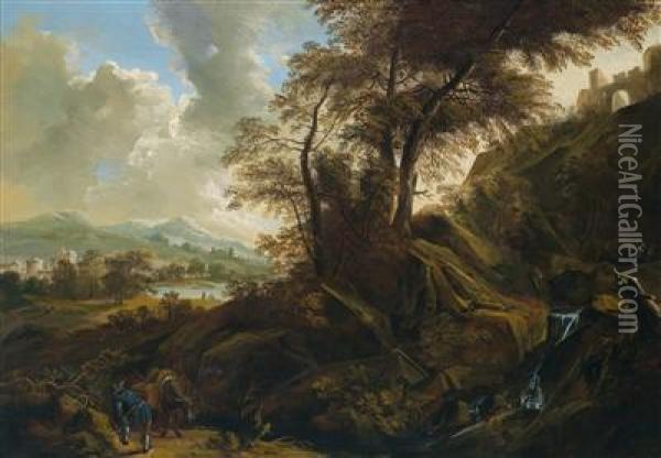 A Wide Landscape With A Waterfall Oil Painting - Philips Augustyn Immenraet