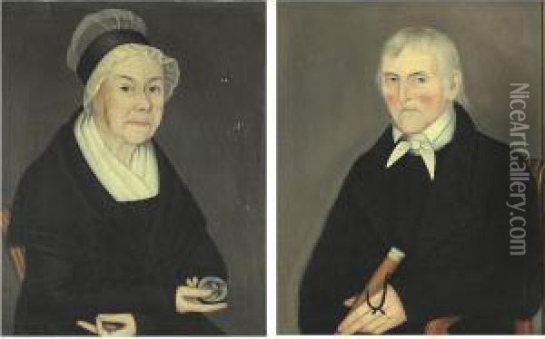 A Pair Of Portraits: Lady With Eagle Snuff Box And Gentleman With Walking Stick Oil Painting - Ammi Phillips