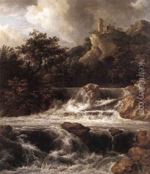 Waterfall with Castle Built on the Rock c. 1665 Oil Painting - Jacob Van Ruisdael