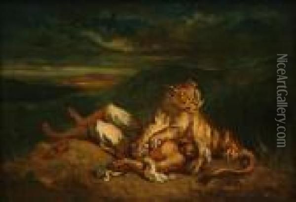 Lionne Se Reposant Sur Le Corps D'un Arabe Oil Painting - Eugene Delacroix