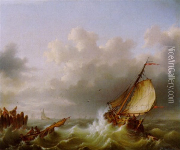 Schiffe Auf Sturmischer See Oil Painting - Johannes Hermanus Koekkoek