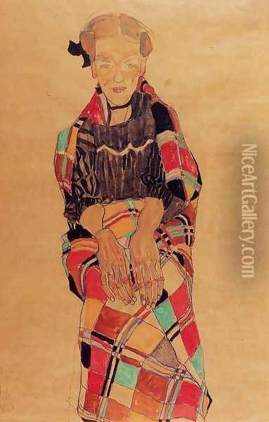 Girl In Black Pinafore Wrapped In Plaid Blanket Oil Painting - Egon Schiele