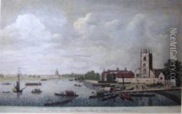 Two, 'a View Taken Near 
Battersea Church Looking Towards Chelsea', And 'a View Of Putney, Took 
Of Fulham Bridge', Engravings, 26cm X 39cm, Framed Oil Painting - John Boydel