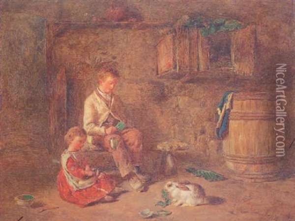 Interior Cottage With A Boy And A Girl Feeding A Rabbit Oil Painting - Alfred Provis