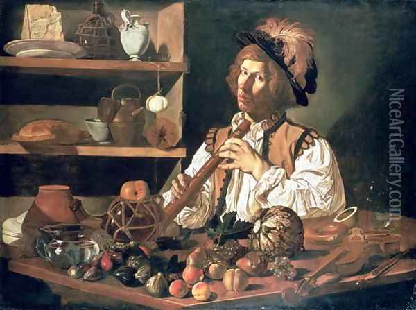 Interior with a Still Life and a Young Man Holding a Recorder Oil Painting - Cecco Del Caravaggio