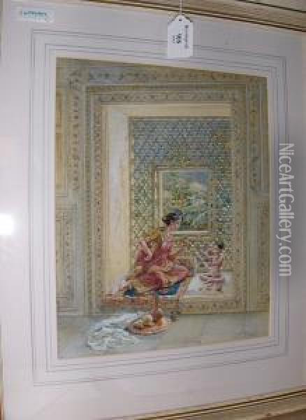 A Perforated Marble Window In The Old Palace,delhi Oil Painting - Walter Duncan