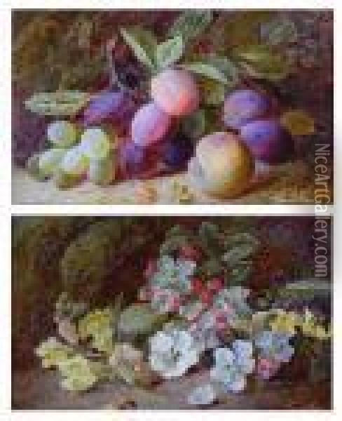 Green Grapes, Plums And A Peach; Dog Roses Andyellow Snapdragons Oil Painting - Vincent Clare