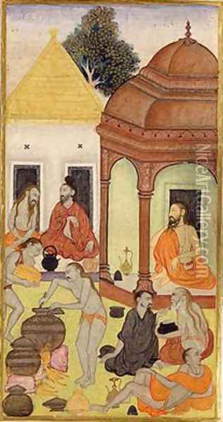 Yogis Sit by Shrines Awaiting Food that is Being Prepared in large Cooking Pots over a Fire Raj Kunwar Oil Painting - Kseu