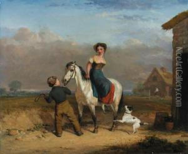 A Girl On A Grey Pony Held By A Boy, By A Country Cottage Oil Painting - Edmund Bristow