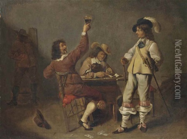 Cavalry Men Drinking, Smoking And Playing Cards In An Interior Oil Painting - Jan Olis