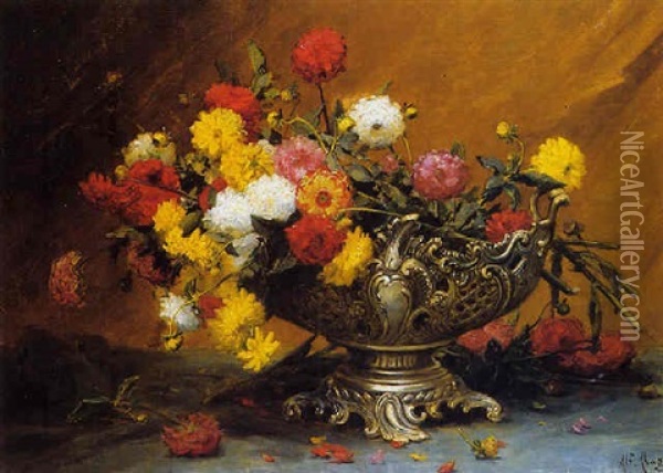 Brassee De Dahlias Dans Une Jardiniere En Argent Oil Painting - Desire Alfred Magne