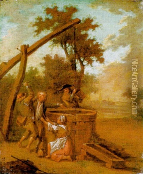 Zwei Raufende Knaben Bei Einem Brunnen Oil Painting - Johann Conrad Seekatz