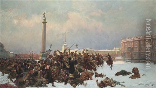 Bloody Sunday In St. Petersburg Oil Painting - Woiciech (Aldabert) Ritter von Kossak