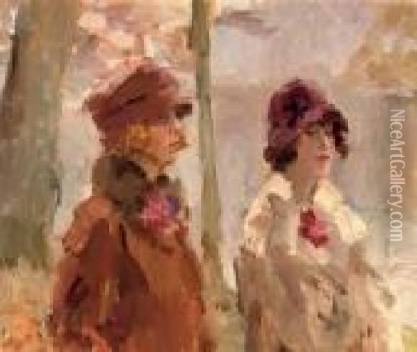 Meisjes In Het Haagsche Bosch: Elegant Ladies Strolling In The Park Oil Painting - Isaac Israels