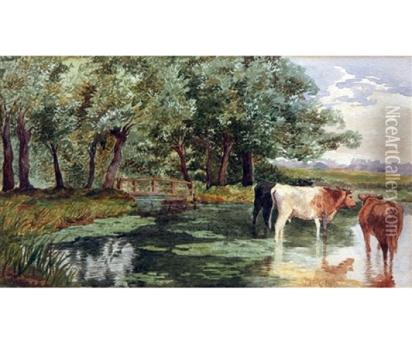 Landscape With Cattle Watering Oil Painting - Miles Edmund Cotman