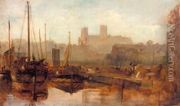 View Of Lincoln Cathedral From Brayford Oil Painting - Peter de Wint