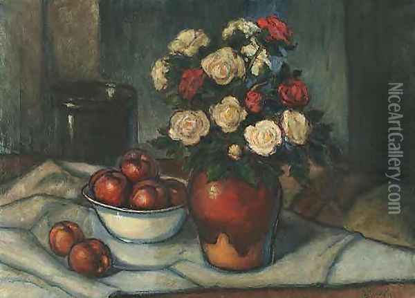 White and Red Roses in a Vase and Apples Oil Painting - Wladyslaw Slewinski