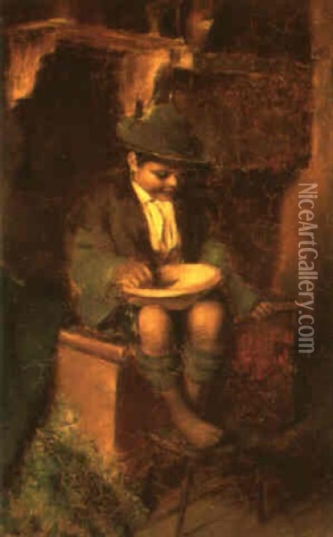 Boy Sitting With Bowl In His Lap Oil Painting - Hermann Kaulbach
