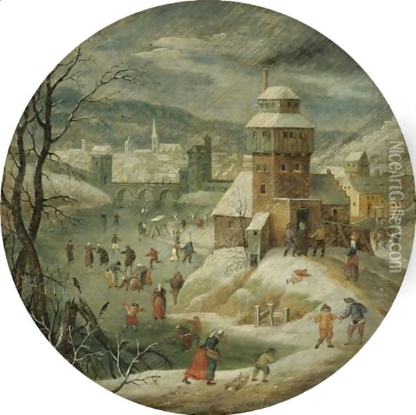 A Village Scene In Winter With Figures Skating Oil Painting - Abel Grimmer