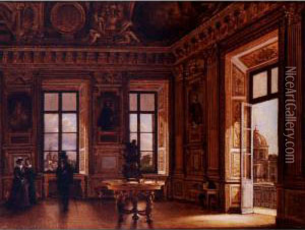 Figures In The Salon D'apollon In The Louvre With A View Of Notre Dame, L'hotel Des Monnaies And The Dome Of The College Des Quatre Nations Beyond Oil Painting - Joseph Warlincourt