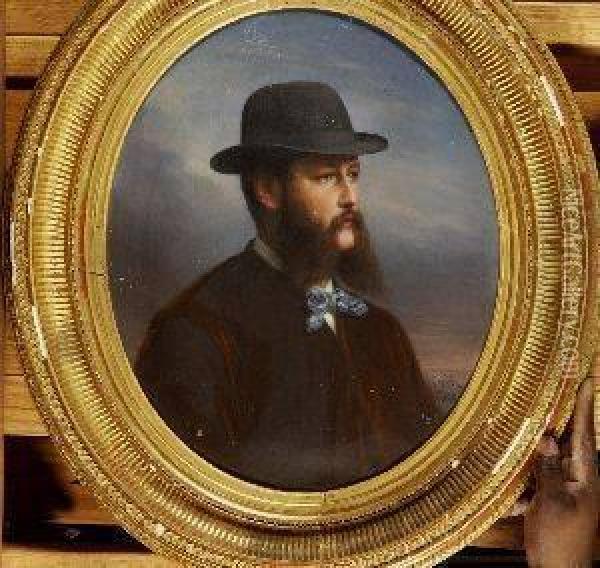 Louis Eugene Coedes . Portrait Of A Man In A Derby, Signed And Dated 1869 Lower Right Oil Painting - Louis Eugene Coedes
