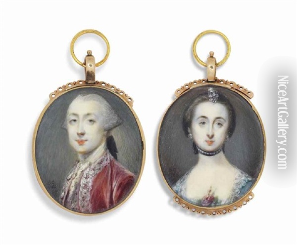 Lewis Burwell Martin (1736-1782) And His Wife, The Hon. Anna Burwell Martin, Nee Cunningham: He In Red Coat And She In Blue Dress (2 Works) Oil Painting - Samuel Cotes