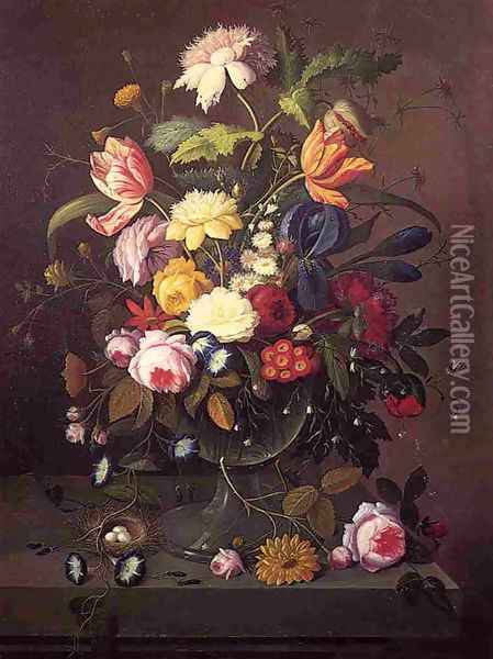 Vase of Flowers in Footed Glass Bowl with Bird's Nest Oil Painting - Severin Roesen