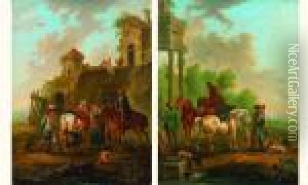 La Halte Des Cavaliers Pres D'une Fontaine Oil Painting - August Querfurt