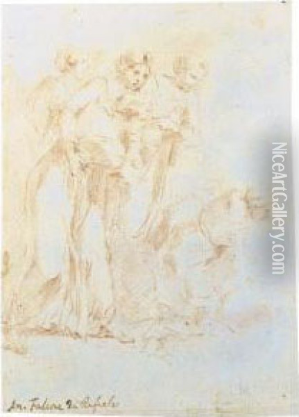 Five Women Turned To The Right (recto); A Kneeling Man(verso) Oil Painting - Anielo Falcone