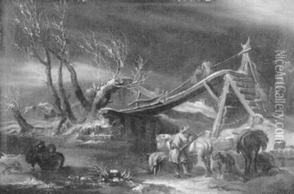 Bauern Auf Einer Holzbrucke In Einer Verschneiten Winterlandschaft Oil Painting - Robert Griffier
