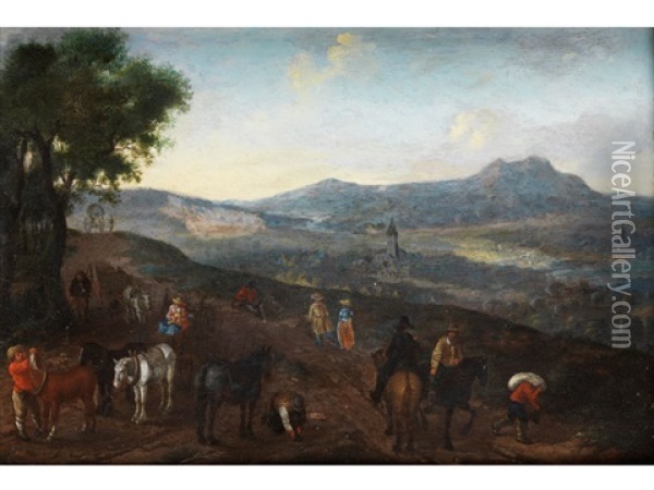 Landschaft Mit Reitern Und Einem Dorf Im Tal Oil Painting - Peter Von Bemmel
