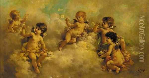 Putti blowing bubbles in the clouds Oil Painting - Charles Augustus Henry Lutyens