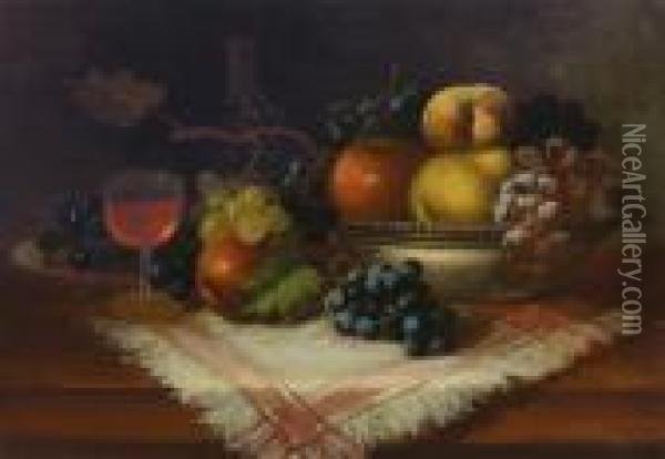 Still Life With Fruit And Wine Glass On A Tabletop Oil Painting - Carducius Plantagenet Ream