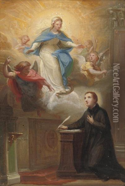 The Virgin Appearing To Saint Nicholas Of Tolentino; And Saintnicholas Of Tolentino Celebrating The Eucharist Oil Painting - Pietro Gagliardi