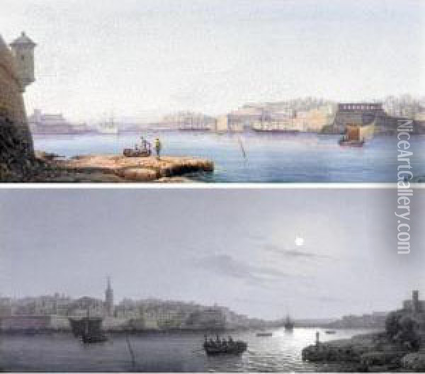 View Of Valetta Harbour; Moonlit View Of Valetta Harbour Oil Painting - Gian Gianni