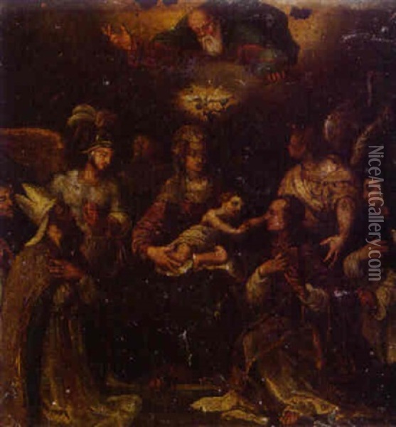 The Madonna And Child With The Archangel Michael, A Bishop Saint, Saint Anthony Of Padua, And Catherine Of Siena Oil Painting - Denys Calvaert