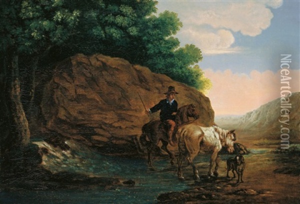 Flusslandschaft Mit Reiter, Pferd Und Hund Oil Painting - Jacob De Villeers