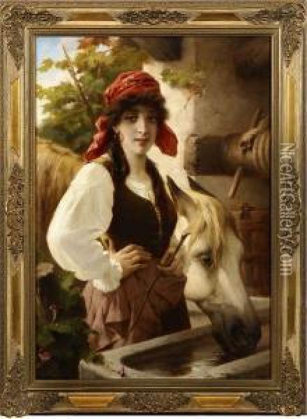 Italienisches Bauernmadchen Mit Ihrem Pferd Am Brunnen Oil Painting - Luigi Crosio