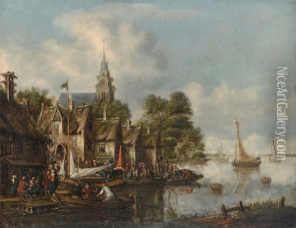 Villageois Au Bord D'une Riviere Oil Painting - Thomas Heeremans