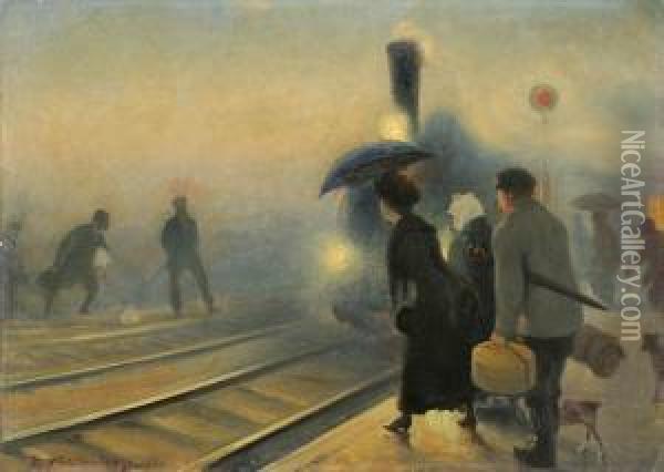 Na Stacji Kolejowej Oil Painting - Jozef Ryszkiewicz