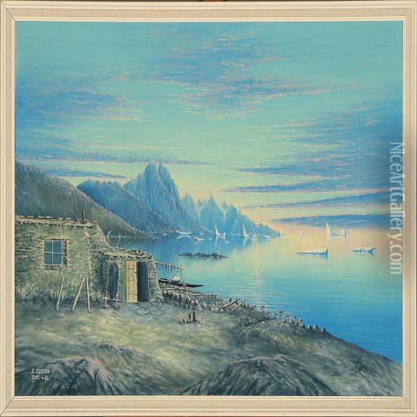 Costal Scene From Greenlandat Sunset Oil Painting - Jes Jessen