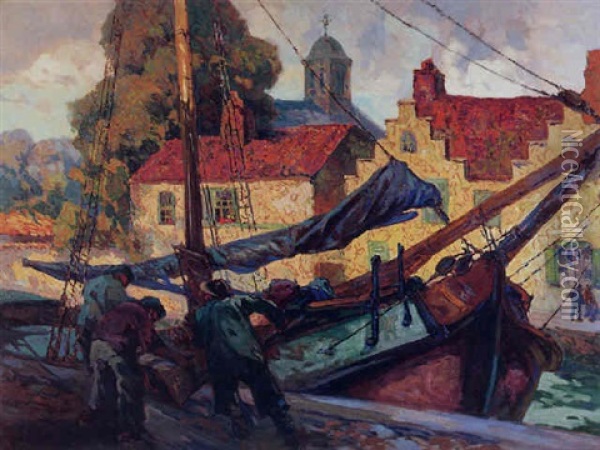 On A Bruges Canal Oil Painting - John Wesley Cotton
